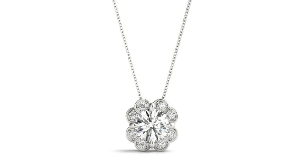 FLORAL HALO DIAMOND PENDANT.