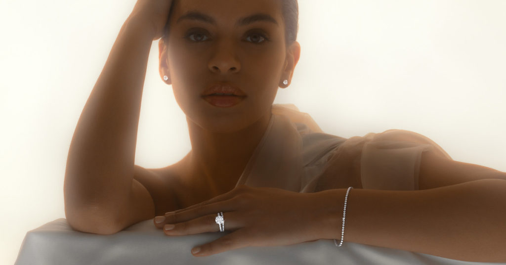 model posing with earrings, ring, and bracelet