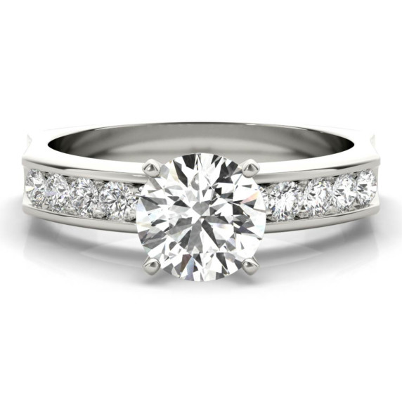 Perfect Fit Petite Engagement Ring with channel-set round diamonds and a low-profile white gold band designed for stacking.