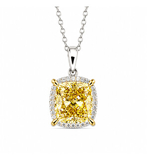 7 ct. tw. Cushion Fancy Yellow Halo Pendant in 14k White and Yellow Gold
