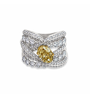 LGD-RN425750-GT87 4 ct. tw. Fancy Yellow Oval and White Round Lab Diamond Cocktail Ring in 14kt White & Yellow Gold