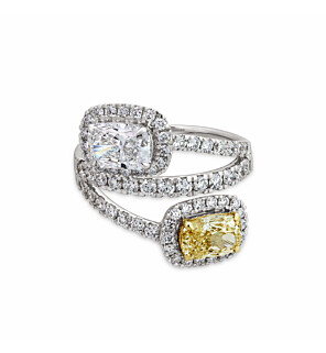 LGD-RN426358-GT87 3 ct. tw. Fancy Yellow and White Cushion Cut Lab Diamond Toi et Moi Ring in 14kt White & Yellow Gold