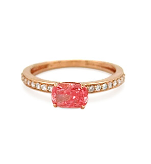 1 ct. tw. Elongated Cushion Fancy Pink Side Stone Engagemen Ring in 14K Rose Gold