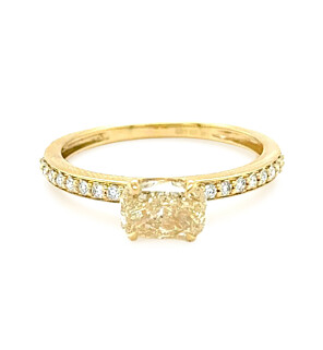 1 ct. tw. Elongated Cushion Fancy Yellow Side Stone Engagemen Ring in 14K Yellow Gold