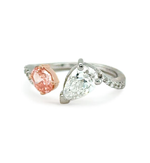 Oval Fancy Pink and Pear Toi Et Moi Ring in 14K White and Rose Gold