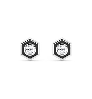 Hexagon Black Enamel Lab Grown Diamond Bezel Stud Earrings in Sterling Silver