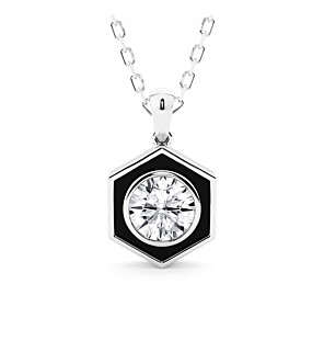 Hexagon Black Enamel Round Lab Grown Diamond Pendant Necklace in Sterling Silver