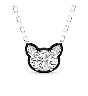 Choupette Cat Black Enamel Lab Grown Diamond Pendant Necklace in Sterling Silver