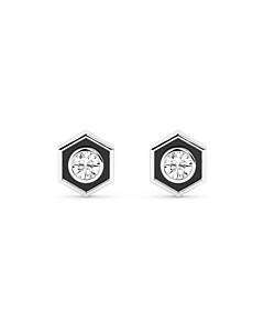 Hexagon Black Enamel Lab Grown Diamond Bezel Stud Earrings in Sterling Silver