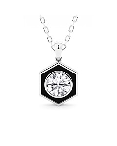 Hexagon Black Enamel Round Lab Grown Diamond Pendant Necklace in Sterling Silver