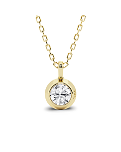 Front view of a Karl Lagerfeld round bezel-set diamond pendant on a gold vermeil chain.